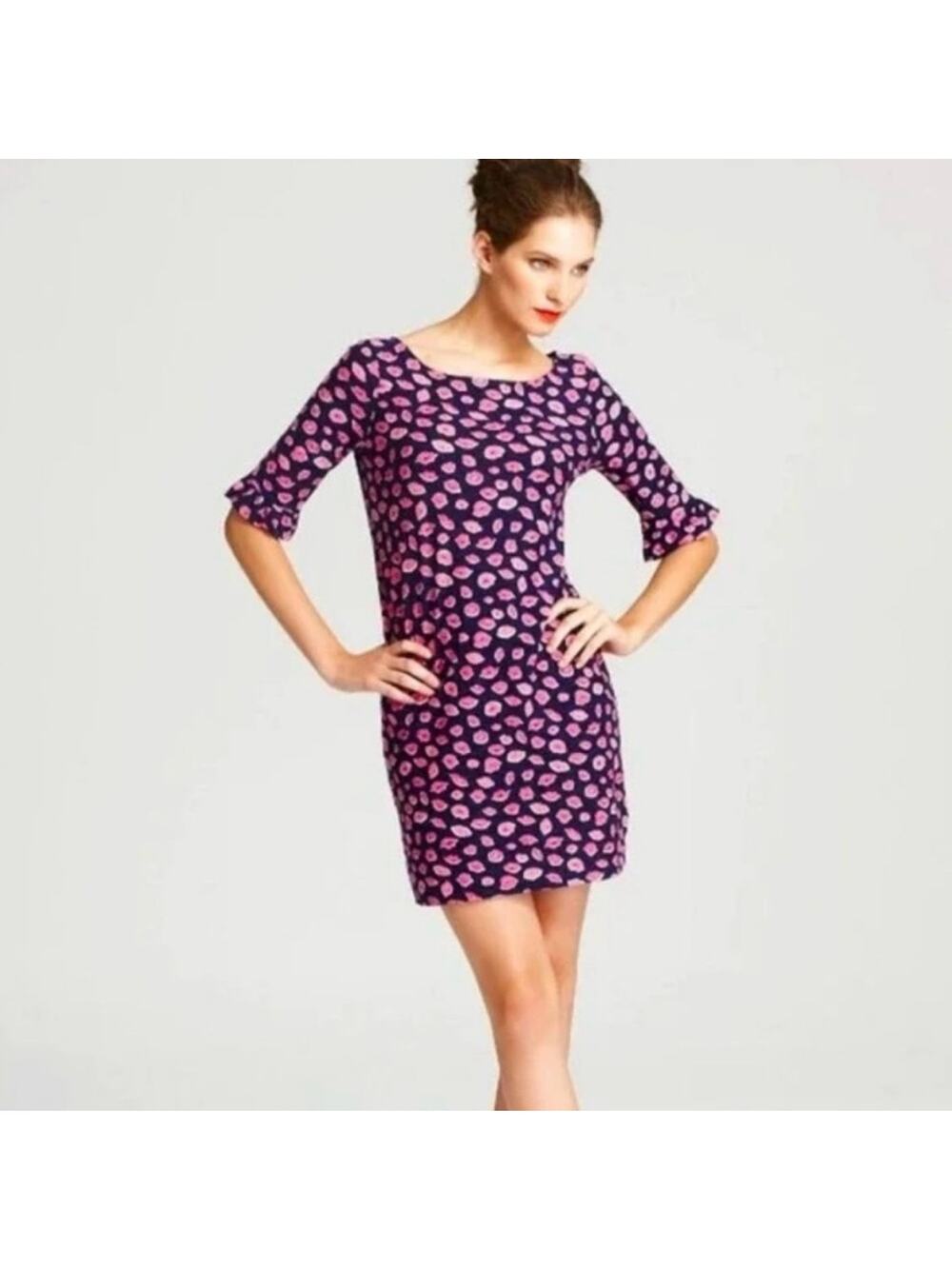 Lilly Pulitzer Somerset Dress Lips Pattern 100% cotton Pink Blue mini ruffle EUC